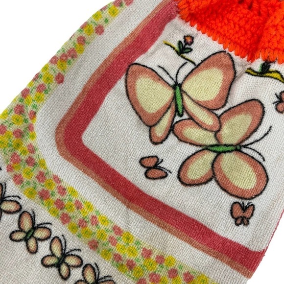 Vintage 70’s Dish Towel MCM Crochet Button Orange Butterfly Floral - Picture 3 of 5